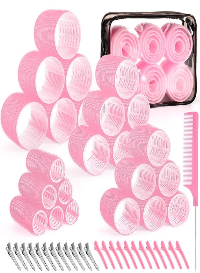 obeoby 4 Sizes Self-Grip Hair Rollers Set for Long, Short Hair and Bangs - 50 Pcs with Clips (25mm, 36mm, 48mm, 60mm), Pink - Image 1